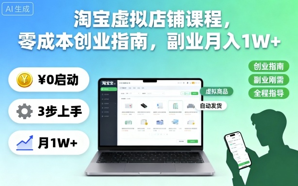 淘宝虚拟店铺课程，零成本创业指南，副业月入1W+_就是爱分享