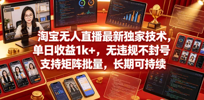 淘宝无人直播最新独家技术，单日收益1k+，无违规不封号，支持矩阵批量，长期可持续【揭秘】_一起云网创