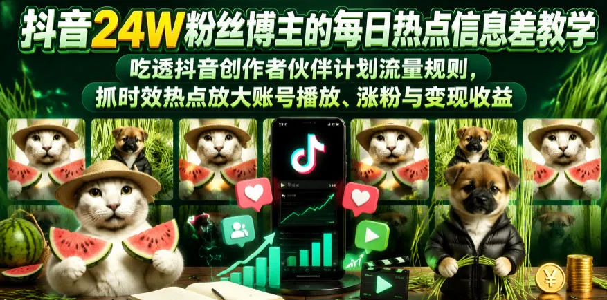 抖音24W粉丝博主的每日热点信息差教学,吃透创作者伙伴计划流量规则,抓时效热点放大账号播放、涨粉与变现收益_一起云网创