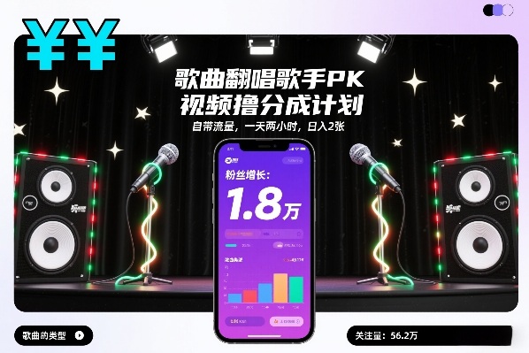 歌曲翻唱歌手PK视频撸分成计划，自带流量，一天两小时，日入2张_就是爱分享