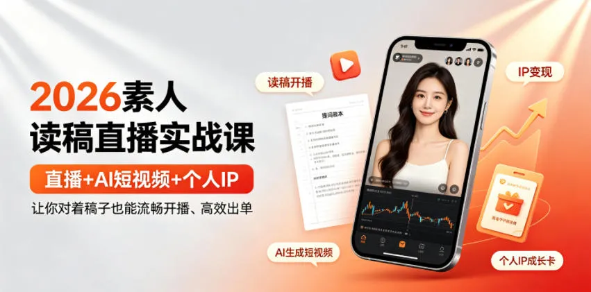 2026素人读稿直播实战课|直播+AI短视频+个人IP,让你对着稿子也能流畅开播、高效出单_一起云网创