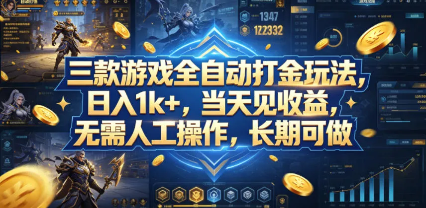 三款游戏全自动打金玩法，日入1k+，当天见收益，无需人工操作，长期可做【揭秘】_就是爱分享
