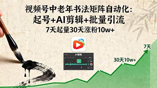 （16022期）视频号中老年书法矩阵自动化：起号+AI剪辑+批量引流 7天起量30天涨粉10w+_就是爱分享