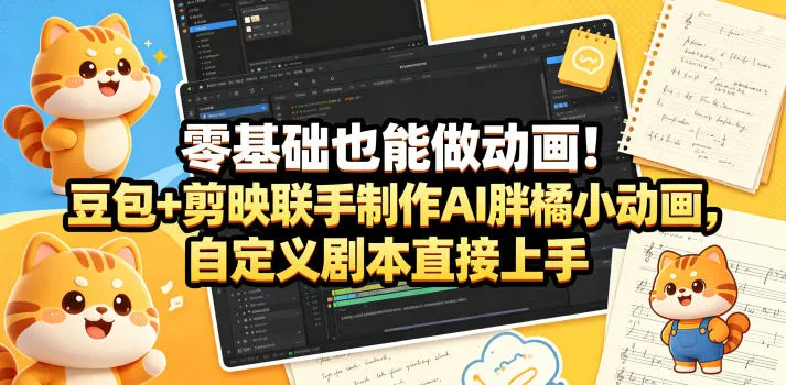 零基础也能做动画！豆包+剪映联手制作AI胖橘小动画，自定义剧本直接上手_一起云网创