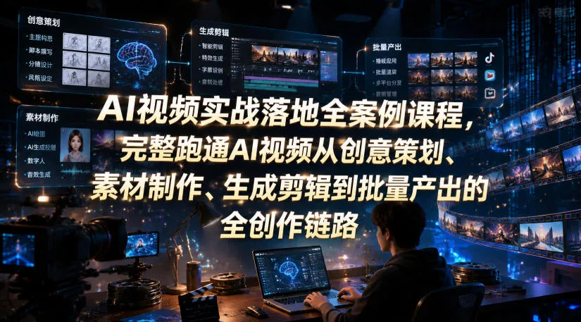 AI视频实战落地全案例课程,完整跑通AI视频从创意策划、素材制作、生成剪辑到批量产出的全创作链路 AI视频实战落地全案例课程,完整跑通AI视频从创意策划、素材制作、生成剪辑到批量产出的全创作链路