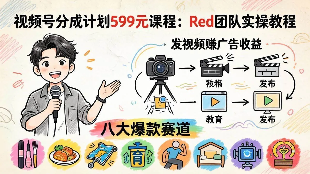 （18088期）视频号分成计划599元课程：Red团队实操教程，发视频赚广告收益，八大爆款赛道全掌握_就是爱分享
