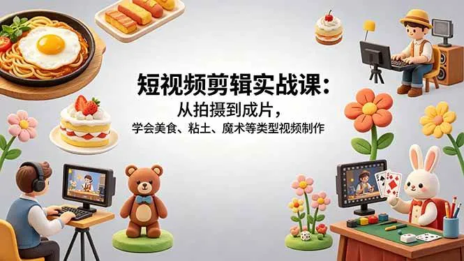 （18375期）短视频剪辑实战课：从拍摄到成片，学会美食、粘土、魔术等类型视频制作_就是爱分享