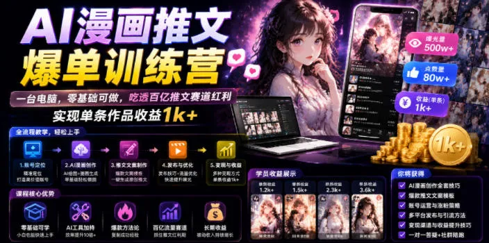 AI漫画推文爆单训练营，一台电脑，零基础可做，吃透百亿推文赛道红利，实现单条作品收益1k+（更新0705）_一起云网创