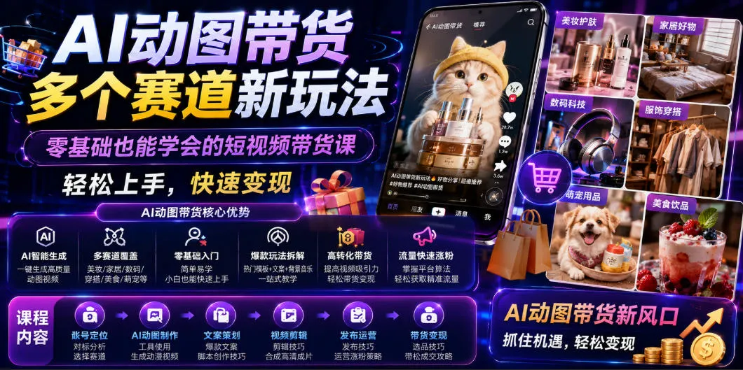 AI动图带货多个赛道新玩法，零基础也能学会的短视频带货课，轻松上手，快速变现_一起云网创