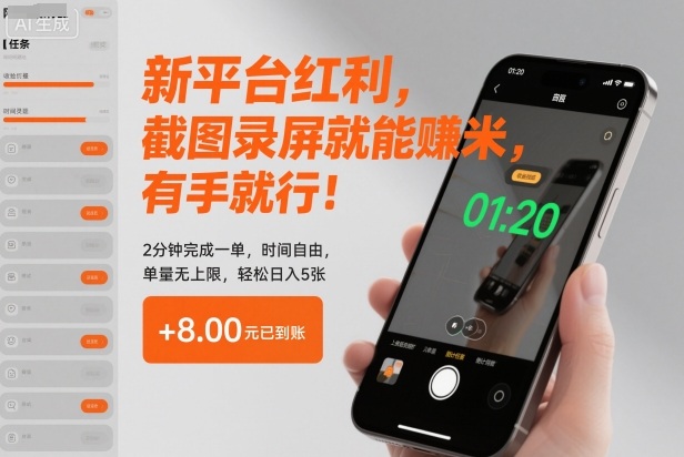 新平台红利，截图录屏就能賺米，有手就行！2分钟完成一单，时间自由，单量无上限，轻松日入5张【揭秘】_就是爱分享