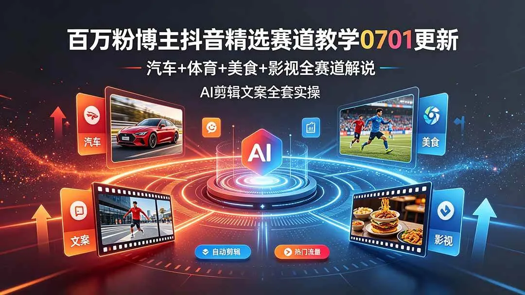 (19144期)百万粉博主抖音精选赛道教学-0701更新,汽车+体育+美食+影视全赛道解说,AI剪辑文案全套实操_一起云网创