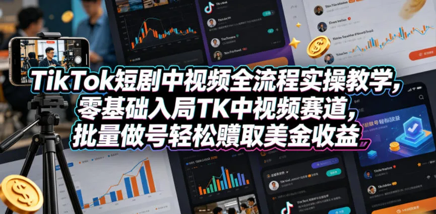 TikTok短剧中视频全流程实操教学，零基础入局TK中视频赛道，批量做号轻松賺取美金收益_一起云网创
