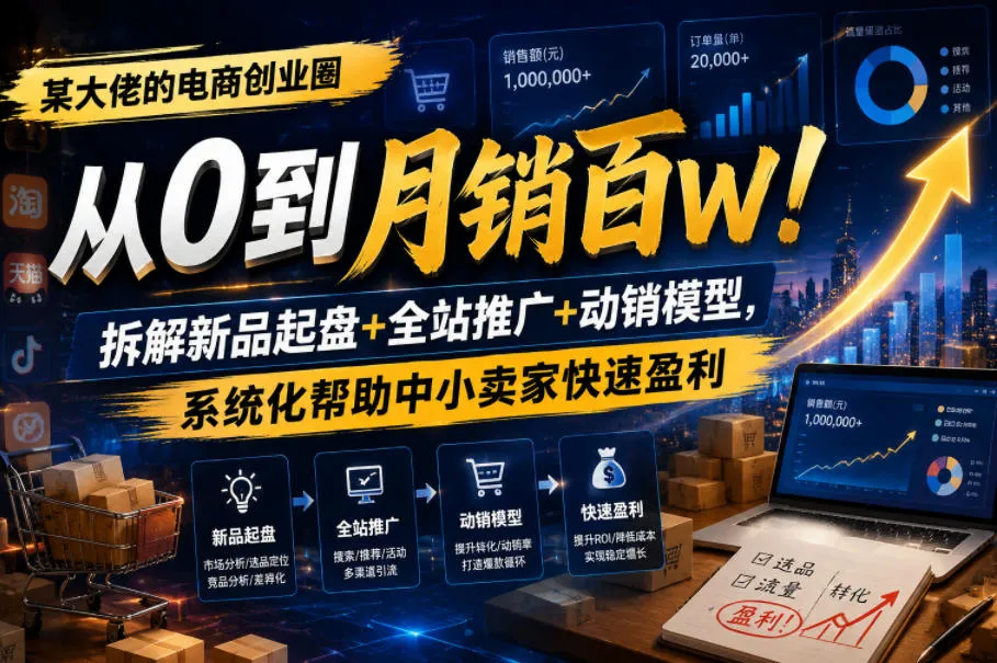某大佬的电商创业圈从0到月销百W！拆解新品起盘+全站推广+动销模型，系统化帮助中小卖家快速盈利_一起云网创