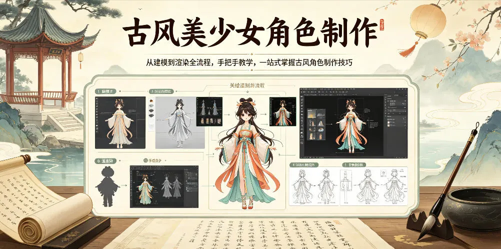 古风美少女角色制作,从建模到渲染全流程,手把手教学,一站式掌握古风角色制作技巧_一起云网创