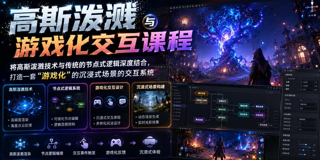 高斯泼溅与游戏化交互课程，将高斯泼溅技术与传统的节点式逻辑深度结合，打造一套“游戏化”的沉浸式场景的交互系统_一起云网创