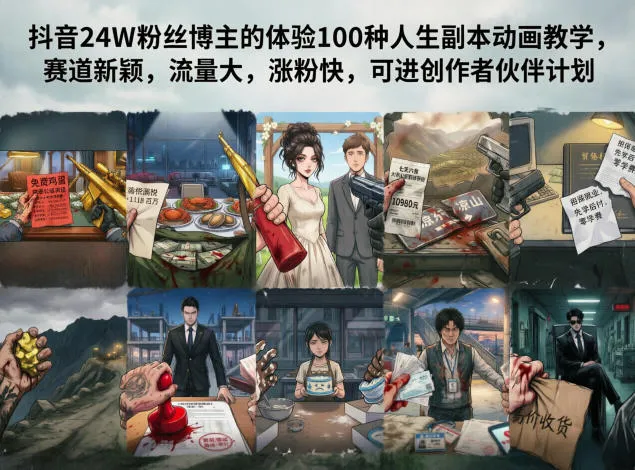 抖音24W粉丝博主的体验100种人生副本动画教学，赛道新颖，流量大，涨粉快，可进创作者伙伴计划_一起云网创