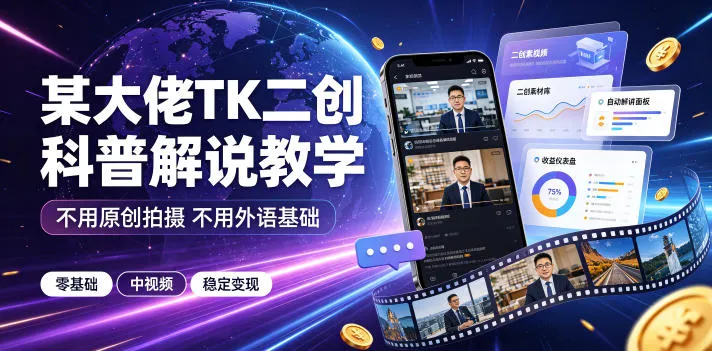 某大佬TK二创科普解说教学,不用原创拍摄不用外语基础,零基础做TikTok中视频稳定变现_一起云网创