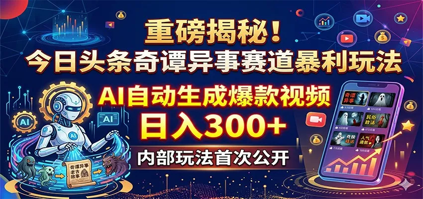重磅揭秘！今日头条奇谭异事赛道暴利玩法：AI自动生成爆款视频，日入300+_一起云网创