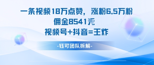 一条视频18W点赞，涨粉6.5W粉佣金8541米，视频号+抖音=王炸_就是爱分享