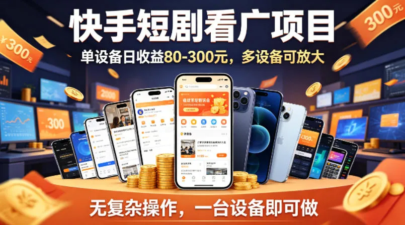 快手短剧看广告项目，没有复杂操作，一台设备每天能有80到300收益，设备多可放大_就是爱分享