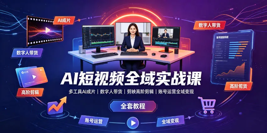 AI短视频全域实战课|多工具AI成片、数字人带货、剪映高阶剪辑、账号运营全域变现全套教程_一起云网创